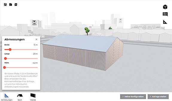 MUCH 3D Hallenkonfigurator - Schritt 1 Hallengröße